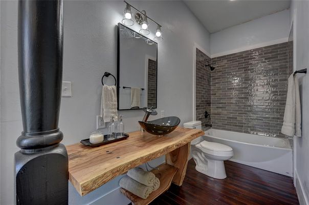 Bathroom, Interior, Stone Walls, Wood Texture Flooring