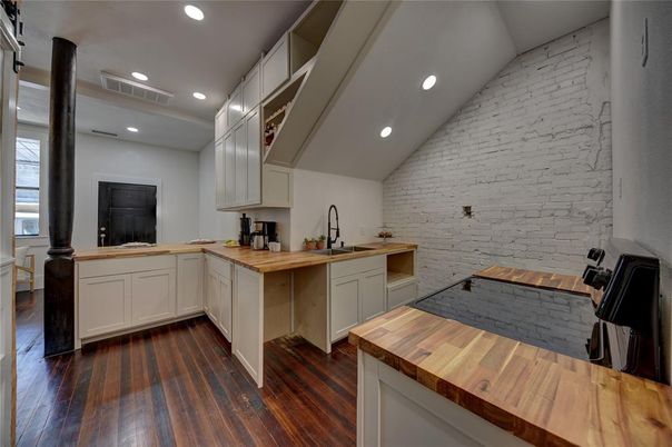 Interior, Kitchen, Recessed Lighting, Stone Walls, Wood Texture Flooring