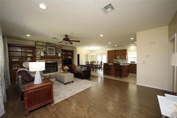 Dining room, Fireplace, Interior, Kitchen, Living room, Pendant Lights, Recessed Lighting, Wood Texture Flooring