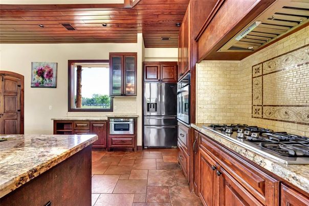 Interior, Kitchen, Recessed Lighting, Stainless Steel Appliances, Stone Walls, Wooden Ceilings