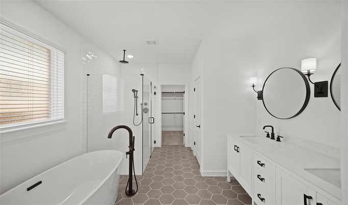 Bathroom, Dual Sink Vanities, Free Standing Baths, Glass Shower, Interior, Recessed Lighting