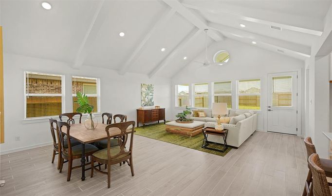 Dining room, Interior, Living room, Recessed Lighting, Wood Texture Flooring