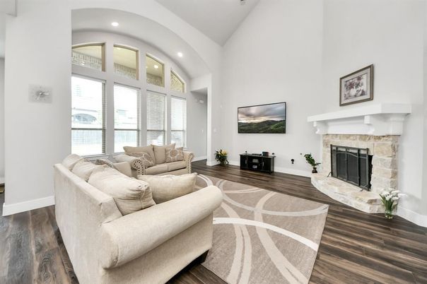 Fireplace, Interior, Living room, Recessed Lighting, Wood Texture Flooring