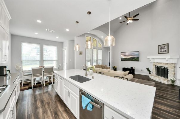 Dining room, Fireplace, Interior, Kitchen, Living room, Pendant Lights, Recessed Lighting, Wood Texture Flooring