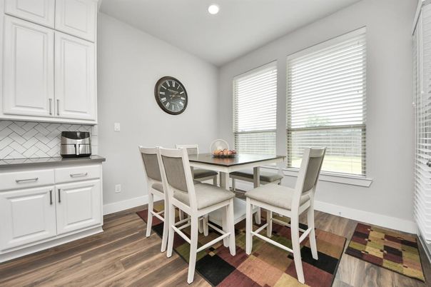 Dining room, Interior, Recessed Lighting, Wood Texture Flooring