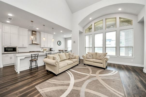Interior, Kitchen, Living room, Pendant Lights, Recessed Lighting, Wood Texture Flooring