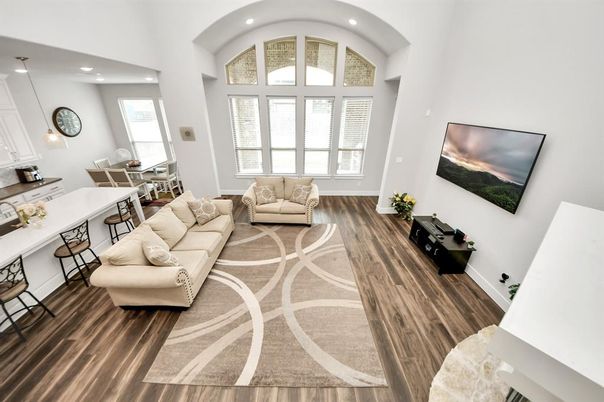 Dining room, Interior, Living room, Pendant Lights, Recessed Lighting, Wood Texture Flooring