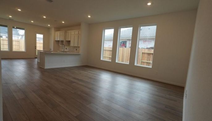 Empty room, Interior, Kitchen, Recessed Lighting, Wood Texture Flooring