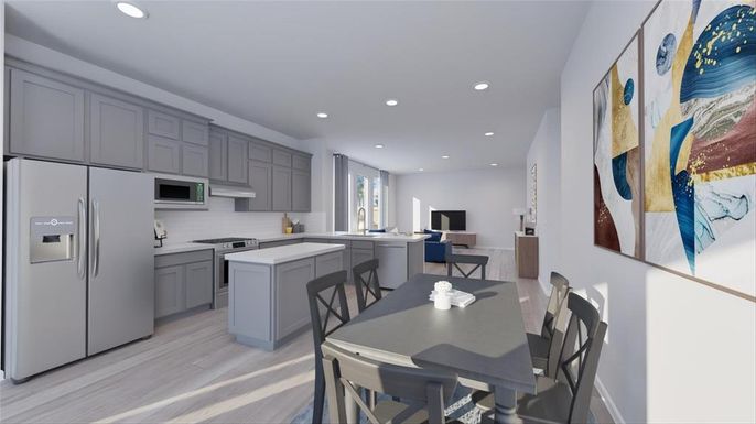 Dining room, Interior, Kitchen, Recessed Lighting, Stainless Steel Appliances, Wood Texture Flooring