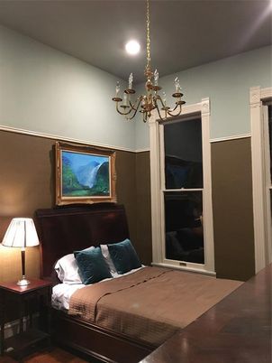 Bedroom, Chandelier, Interior, Recessed Lighting, Wood Texture Flooring