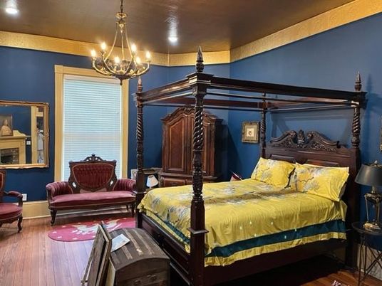 Bedroom, Chandelier, Interior, Recessed Lighting, Wood Texture Flooring