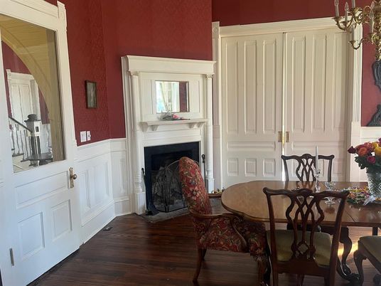 Dining room, Fireplace, Interior, Wood Texture Flooring