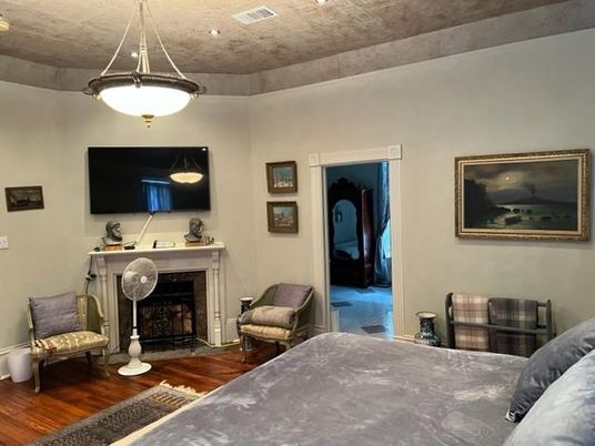 Bedroom, Fireplace, Interior, Pendant Lights, Wood Texture Flooring