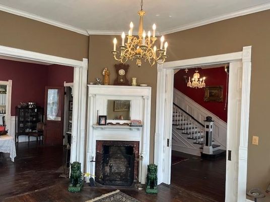 Chandelier, Fireplace, Interior, Wood Texture Flooring