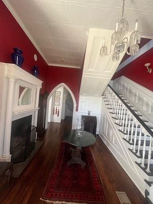Chandelier, Fireplace, Interior, Wood Texture Flooring