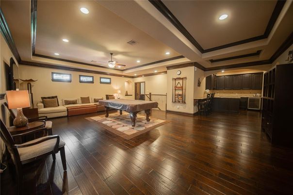 Billiard Table, Game Room, Interior, Recessed Lighting, Wood Texture Flooring