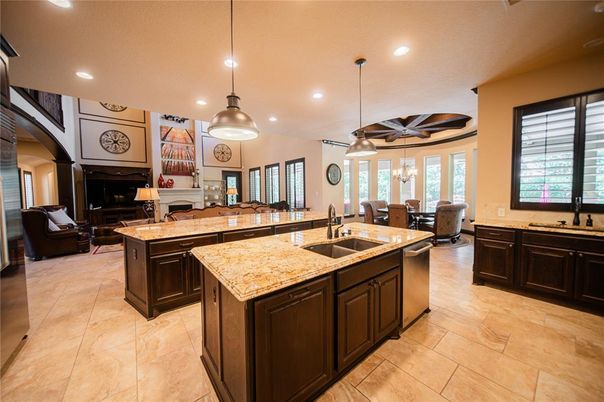 Dining room, Fireplace, Interior, Kitchen, Living room, Pendant Lights, Recessed Lighting