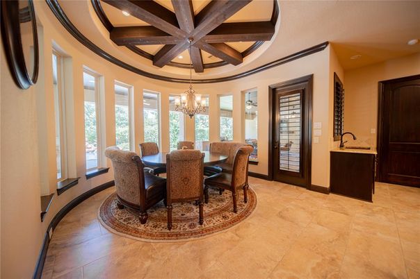 Chandelier, Dining room, Interior, Recessed Lighting, Wooden Beams