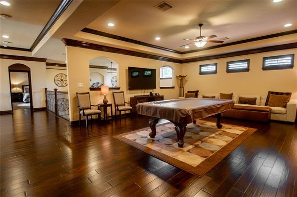 Billiard Table, Game Room, Interior, Recessed Lighting, Wood Texture Flooring