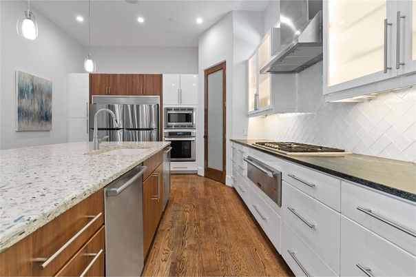 Interior, Kitchen, Pendant Lights, Recessed Lighting, Stainless Steel Appliances, Wood Texture Flooring