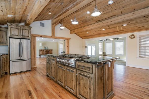 Interior, Kitchen, Pendant Lights, Recessed Lighting, Stainless Steel Appliances, Wooden Beams, Wooden Ceilings, Wood Texture Flooring