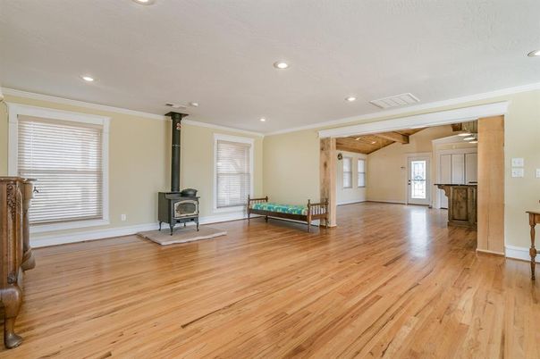 Empty room, Fireplace, Interior, Recessed Lighting, Wooden Ceilings, Wood Texture Flooring