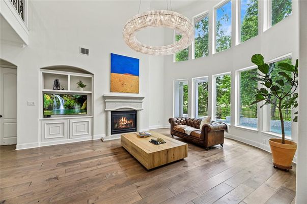 Fireplace, Interior, Living room, Pendant Lights, Wood Texture Flooring