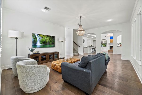 Fireplace, Interior, Living room, Pendant Lights, Recessed Lighting, Wood Texture Flooring