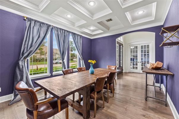 Dining room, Interior, Recessed Lighting, Wood Texture Flooring