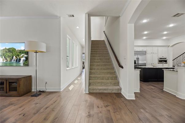 Interior, Kitchen, Recessed Lighting, Stainless Steel Appliances, Wood Texture Flooring