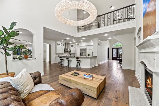 Fireplace, Interior, Kitchen, Living room, Recessed Lighting, Wood Texture Flooring