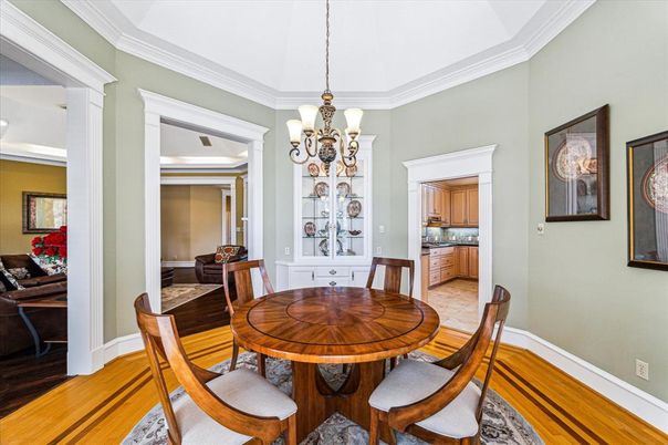 Chandelier, Dining room, Interior, Wood Texture Flooring