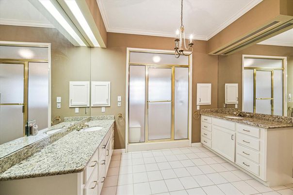 Bathroom, Dual Sink Vanities, Glass Shower, Interior, Pendant Lights