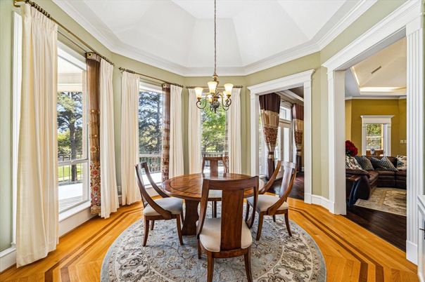 Chandelier, Dining room, Interior, Wood Texture Flooring
