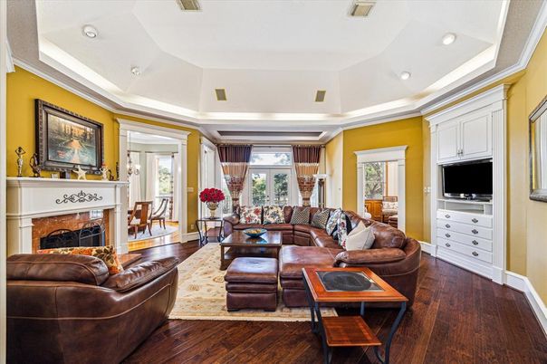 Dining room, Fireplace, Interior, Living room, Recessed Lighting, Wood Texture Flooring