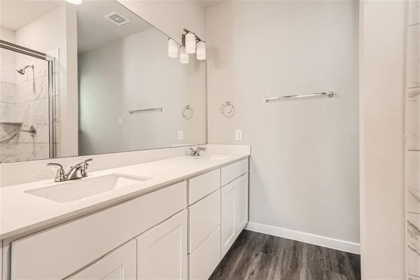 Bathroom, Dual Sink Vanities, Interior, Wood Texture Flooring