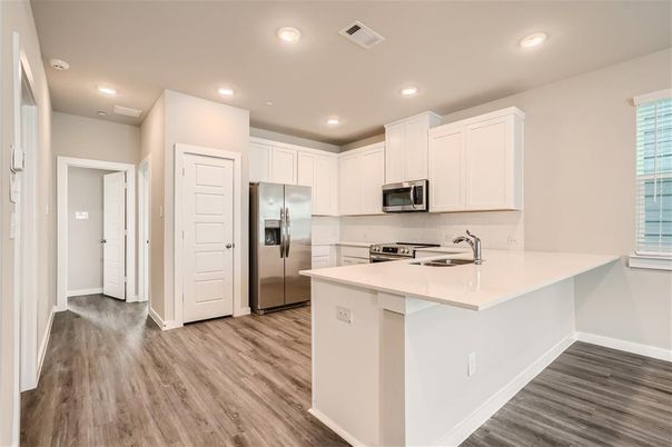 Interior, Kitchen, Recessed Lighting, Stainless Steel Appliances, Wood Texture Flooring