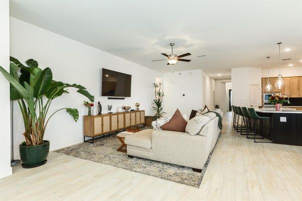 Interior, Kitchen, Living room, Pendant Lights, Recessed Lighting, Wood Texture Flooring