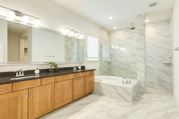 Bathroom, Dual Sink Vanities, Glass Shower, Interior, Marble, Marble Walls, Recessed Lighting