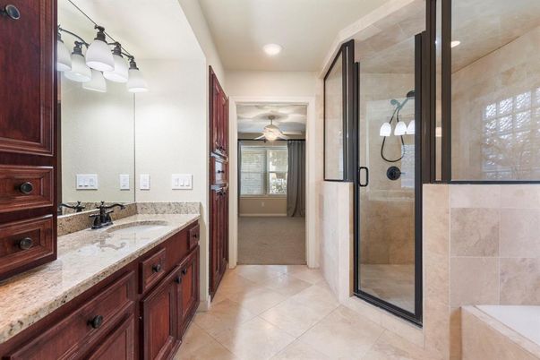 Bathroom, Dual Sink Vanities, Glass Shower, Interior, Recessed Lighting