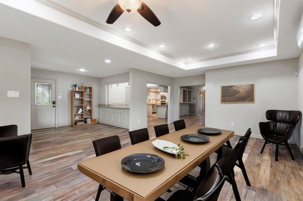Dining room, Interior, Recessed Lighting, Wood Texture Flooring