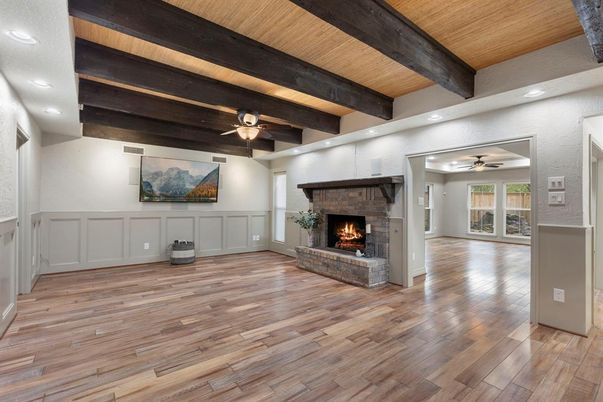 Empty room, Fireplace, Interior, Recessed Lighting, Wooden Beams, Wooden Ceilings, Wood Texture Flooring