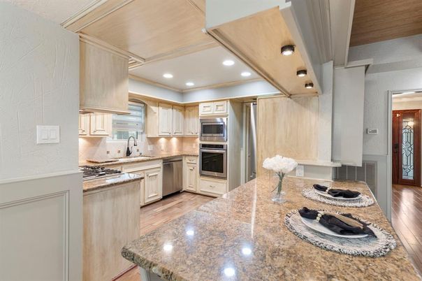 Interior, Kitchen, Recessed Lighting, Stainless Steel Appliances, Wood Texture Flooring