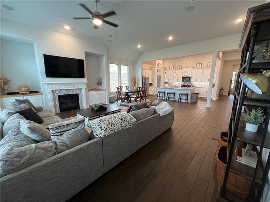 Dining room, Fireplace, Interior, Kitchen, Living room, Recessed Lighting, Wood Texture Flooring