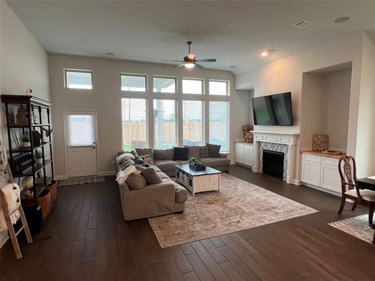 Fireplace, Interior, Living room, Recessed Lighting, Wood Texture Flooring