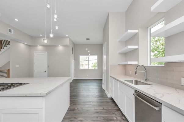 Interior, Kitchen, Pendant Lights, Recessed Lighting, Stainless Steel Appliances, Wood Texture Flooring