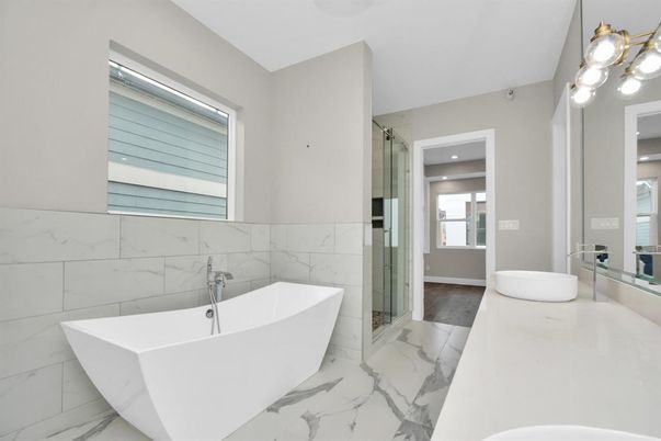 Bathroom, Free Standing Baths, Glass Shower, Interior, Marble, Marble Walls, Recessed Lighting