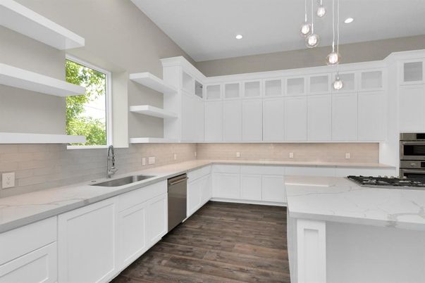 Interior, Kitchen, Pendant Lights, Recessed Lighting, Stainless Steel Appliances, Wood Texture Flooring