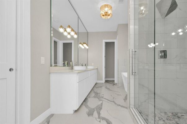 Bathroom, Dual Sink Vanities, Glass Shower, Interior, Marble, Marble Walls