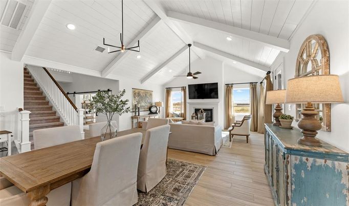 Dining room, Fireplace, Interior, Living room, Pendant Lights, Recessed Lighting, Wood Texture Flooring
